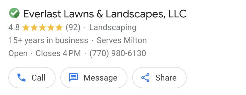 Screenshot of a Google Guarantee ad showing the business name "Everlast Lawns and Landscapes LLC" with business contact information and three buttons. The buttons are labeled Call, Message, and Share 